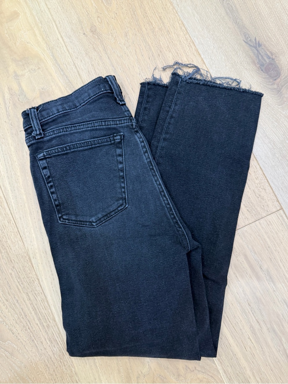 Re/Done Black High-Rise Straight Jeans with Frayed Hem
